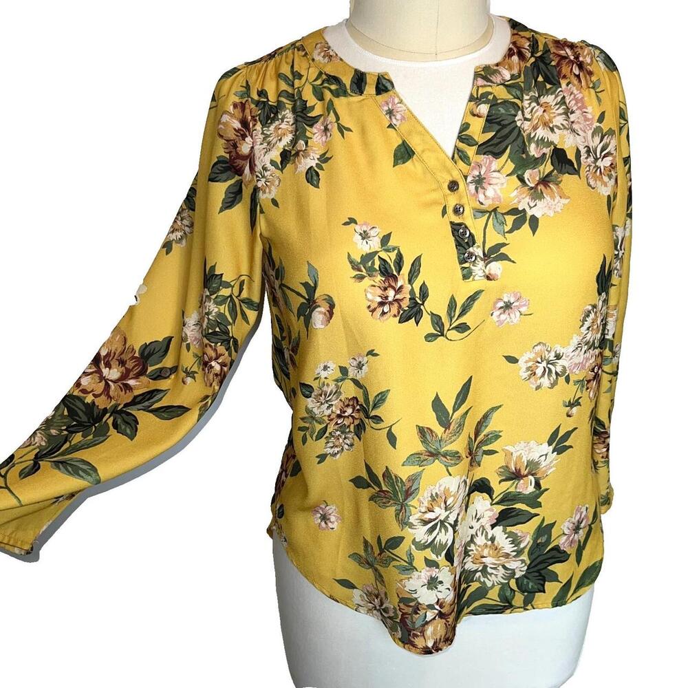 Song n Spirit Women's L Blouse Yellow Floral Long Sleeve Henley Mandarin Collar